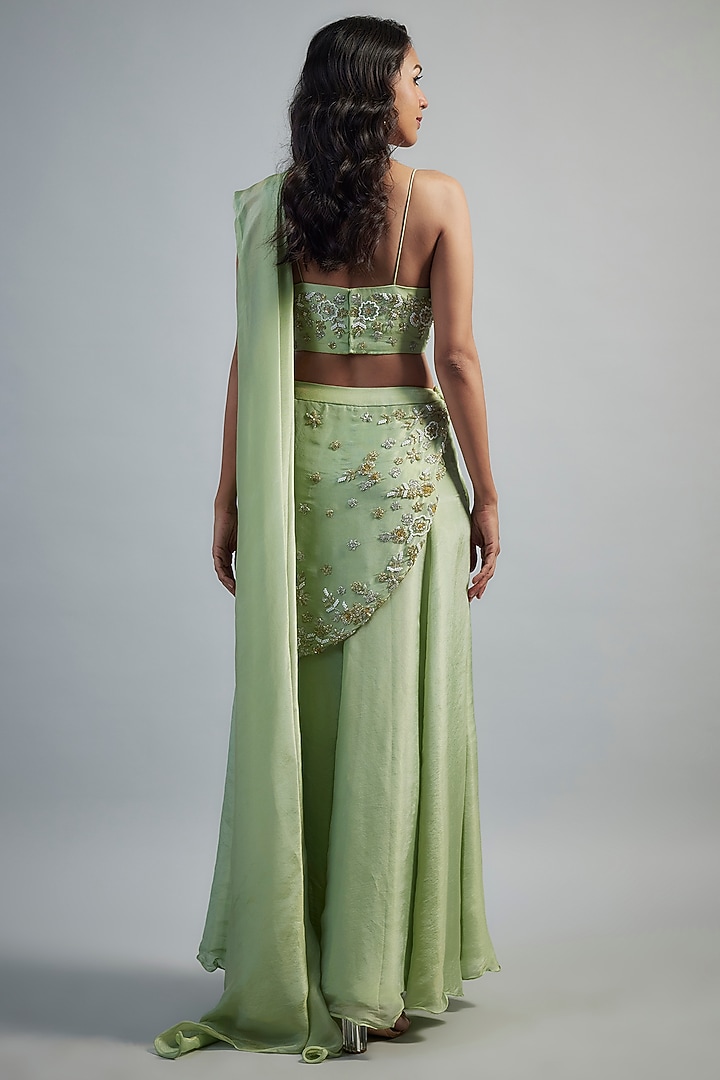 Pistachio Green Shimmer Organza Crystal Bead Embroidered Wedding Saree Set by Mahek Rohra at Pernia's Pop Up Shop