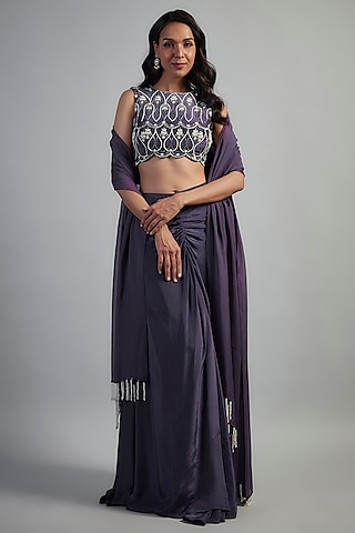 Purple Natural Crepe Bead Embroidered Lehenga Set by Mahek Rohra