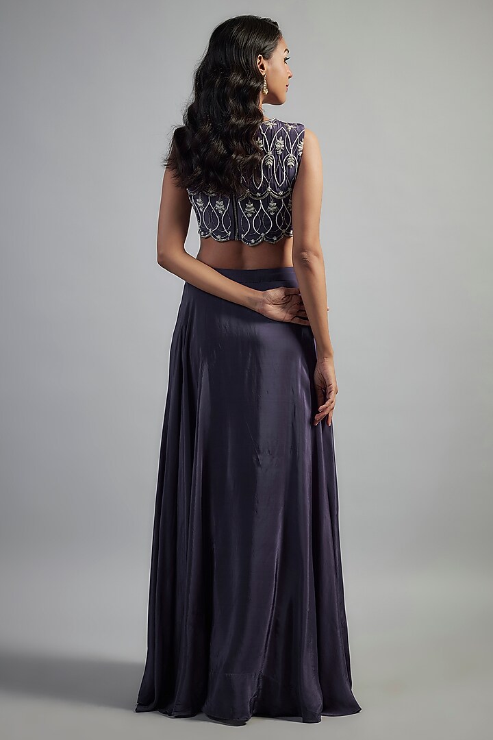 Purple Natural Crepe Bead Embroidered Wedding Lehenga Set by Mahek Rohra at Pernia's Pop Up Shop