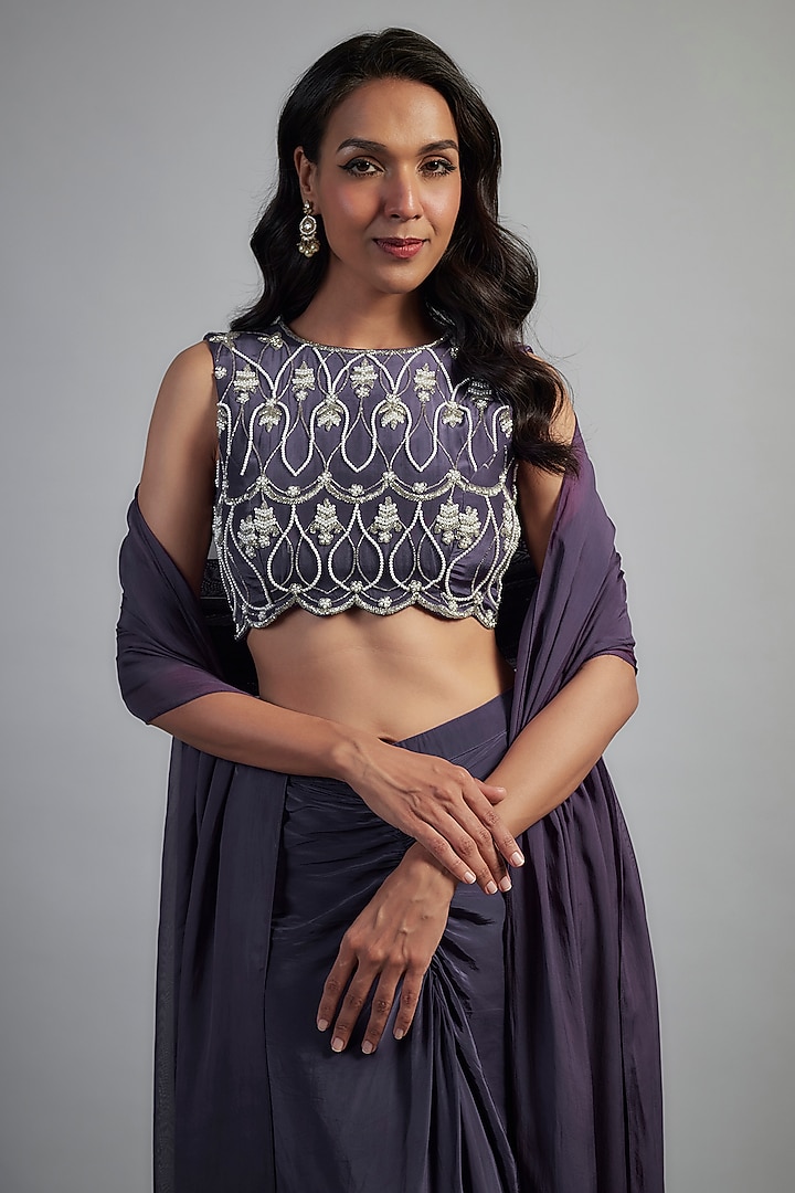 Purple Natural Crepe Bead Embroidered Wedding Lehenga Set by Mahek Rohra at Pernia's Pop Up Shop