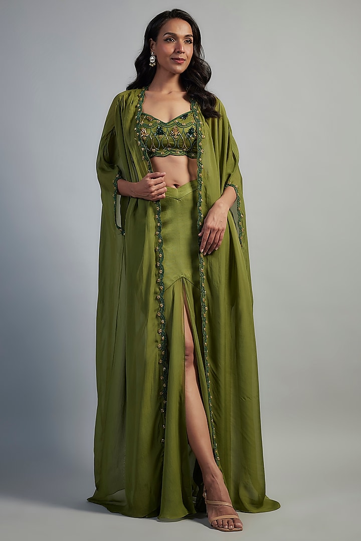 Moss Green Organza Satin & Glass Organza Hand Embroidered Cape Set by Mahek Rohra at Pernia's Pop Up Shop