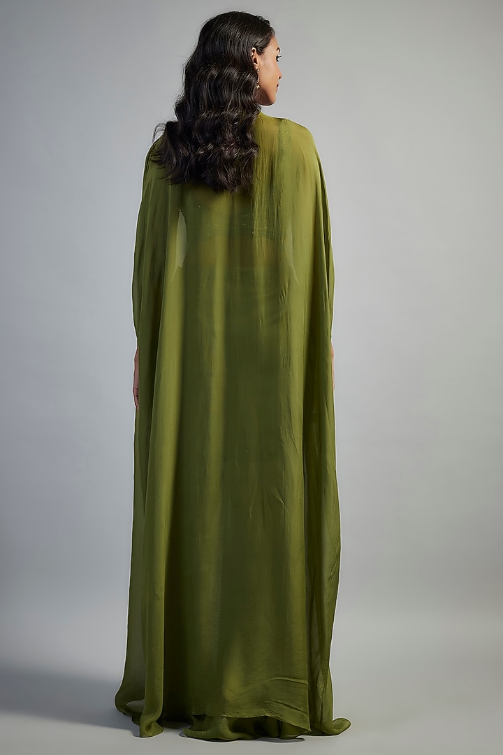 Moss Green Organza Satin & Glass Organza Hand Embroidered Cape Set by Mahek Rohra at Pernia's Pop Up Shop