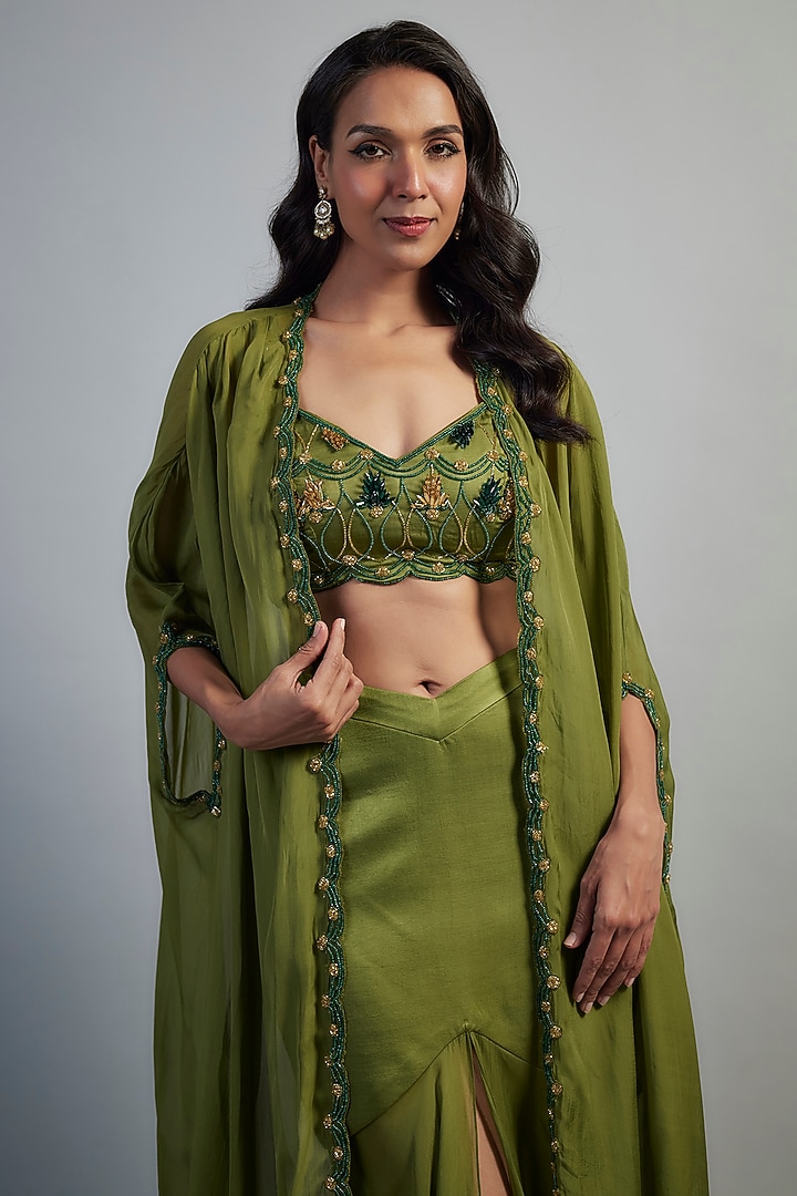 Moss Green Organza Satin & Glass Organza Hand Embroidered Cape Set by Mahek Rohra at Pernia's Pop Up Shop