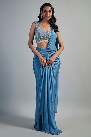 Ice Blue Habutai Silk Glass Bead Embellished Skirt Saree Set by Mahek Rohra