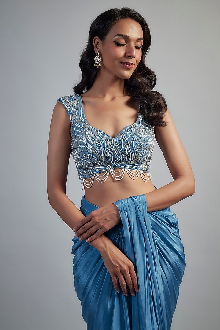 Ice Blue Habutai Silk Glass Bead Embellished Skirt Wedding Saree Set by Mahek Rohra at Pernia's Pop Up Shop