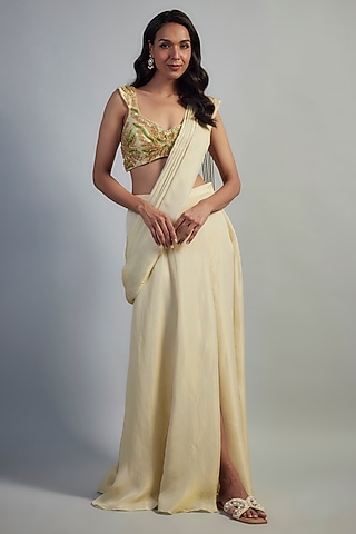 Ivory Shimmer Organza Zardosi Embellished Skirt Saree Set by Mahek Rohra