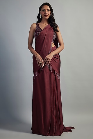Maroon Modal Satin Crystal Bead Embroidered Skirt Saree Set by Mahek Rohra