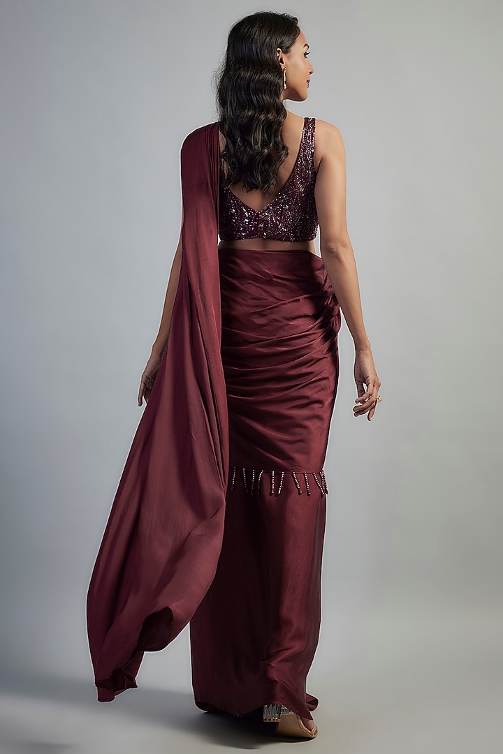 Maroon Modal Satin Crystal Bead Embroidered Skirt Wedding Saree Set by Mahek Rohra at Pernia's Pop Up Shop