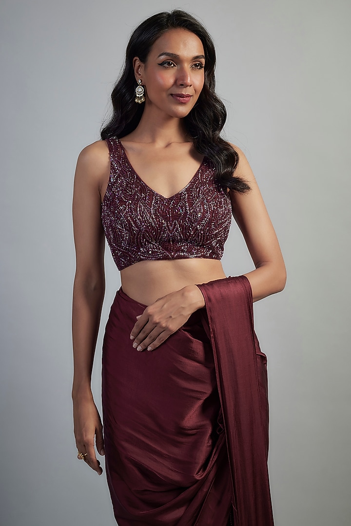 Maroon Modal Satin Crystal Bead Embroidered Skirt Wedding Saree Set by Mahek Rohra at Pernia's Pop Up Shop