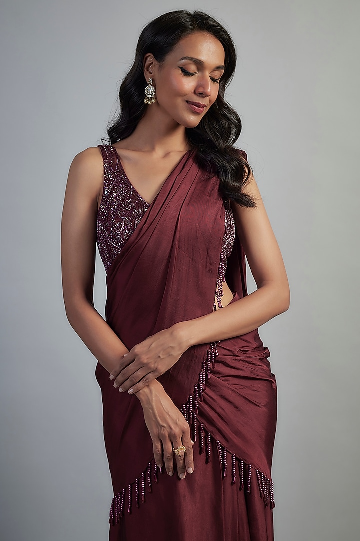 Maroon Modal Satin Crystal Bead Embroidered Skirt Wedding Saree Set by Mahek Rohra at Pernia's Pop Up Shop