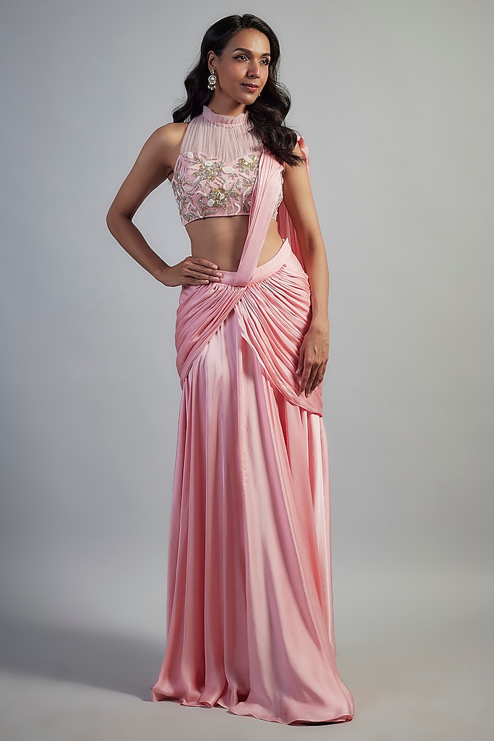 Pink Modal Satin Crystal Bead Embroidered Skirt Saree Set by Mahek Rohra at Pernia's Pop Up Shop