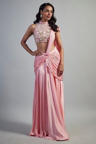 Pink Modal Satin Crystal Bead Embroidered Skirt Saree Set by Mahek Rohra