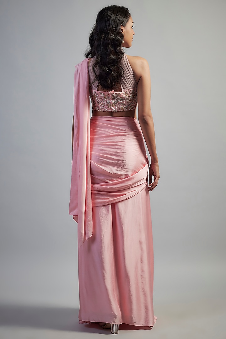Pink Modal Satin Crystal Bead Embroidered Skirt Wedding Saree Set by Mahek Rohra at Pernia's Pop Up Shop