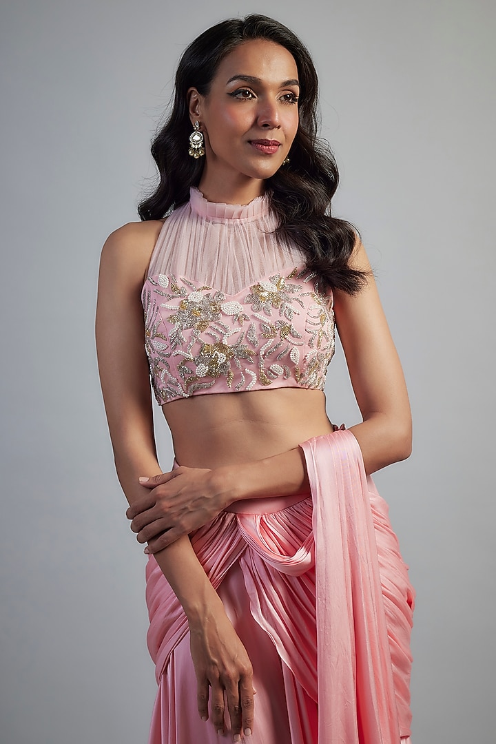 Pink Modal Satin Crystal Bead Embroidered Skirt Wedding Saree Set by Mahek Rohra at Pernia's Pop Up Shop