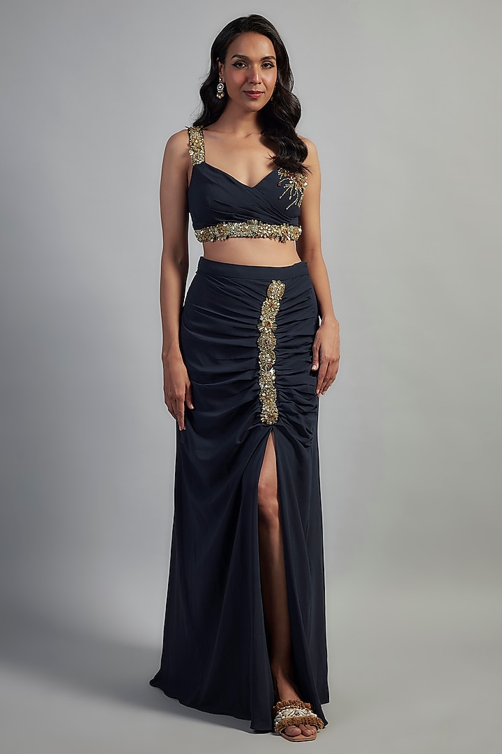 Navy Blue Georgette Gold Embroidered Skirt Set by Mahek Rohra at Pernia's Pop Up Shop