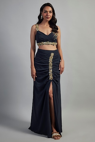 Navy Blue Georgette Gold Embroidered Skirt Set by Mahek Rohra