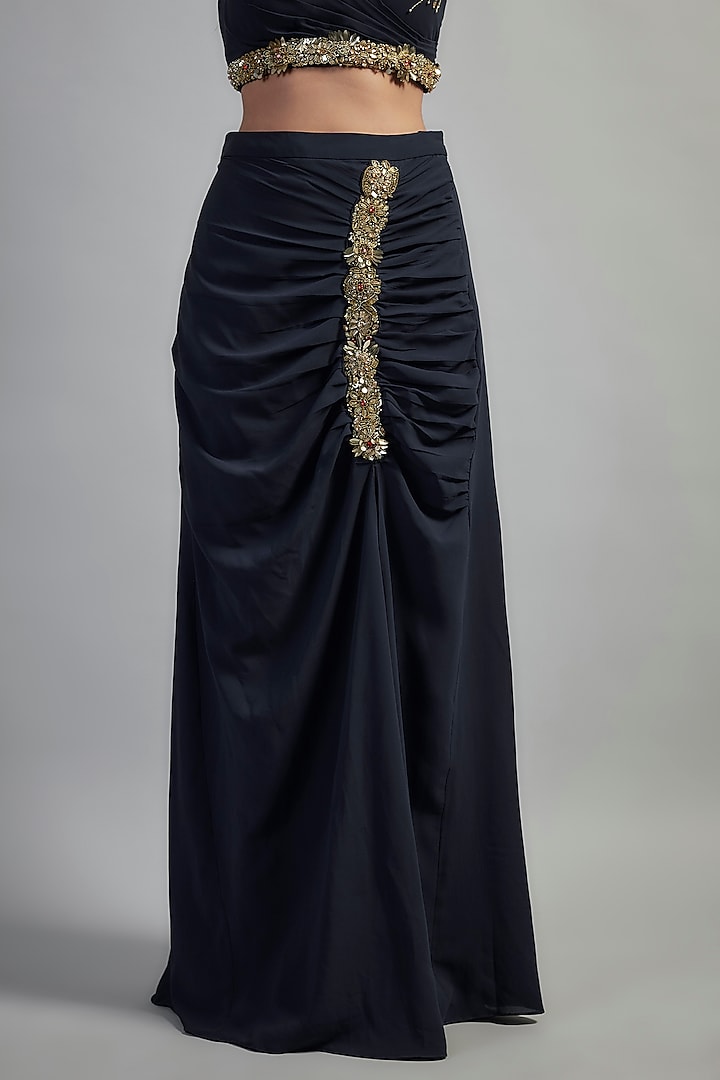 Navy Blue Georgette Gold Embroidered Skirt Set by Mahek Rohra at Pernia's Pop Up Shop
