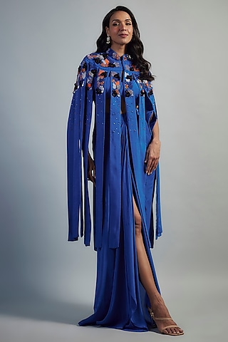 Blue Bemberg Muslin Silk Cutdana Embroidered Cape Set by Mahek Rohra