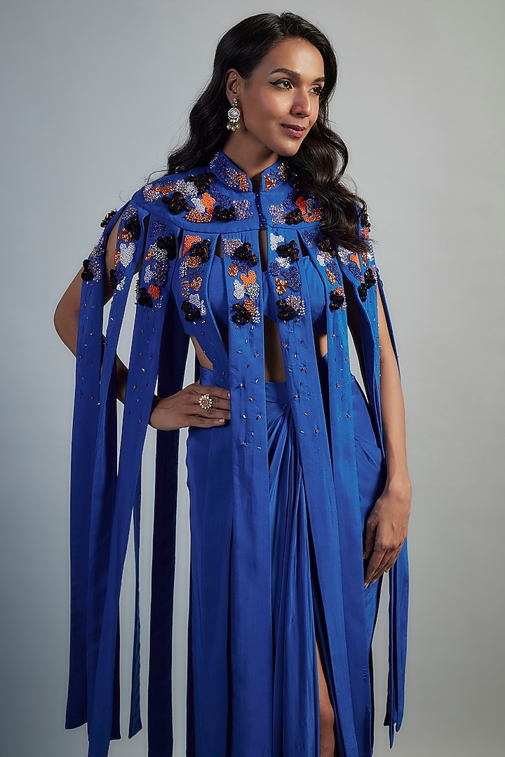Blue Bemberg Muslin Silk Cutdana Embroidered Cape Set by Mahek Rohra at Pernia's Pop Up Shop