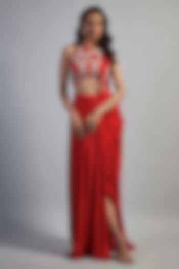 Red Gajji Satin Embellished Dhoti Saree Set by Mahek Rohra at Pernia's Pop Up Shop