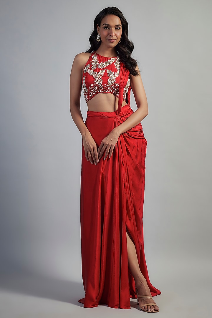 Red Gajji Satin Embellished Dhoti Saree Set by Mahek Rohra at Pernia's Pop Up Shop