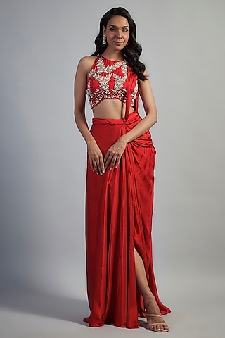 Red Gajji Satin Embellished Dhoti Saree Set by Mahek Rohra