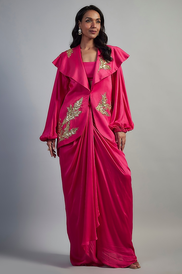 Pink Modal Satin Gold Applique Embroidered Dhoti Skirt Set by Mahek Rohra at Pernia's Pop Up Shop