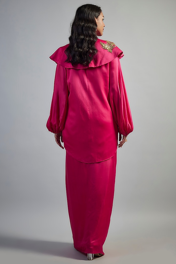Pink Modal Satin Gold Applique Embroidered Dhoti Skirt Set by Mahek Rohra at Pernia's Pop Up Shop