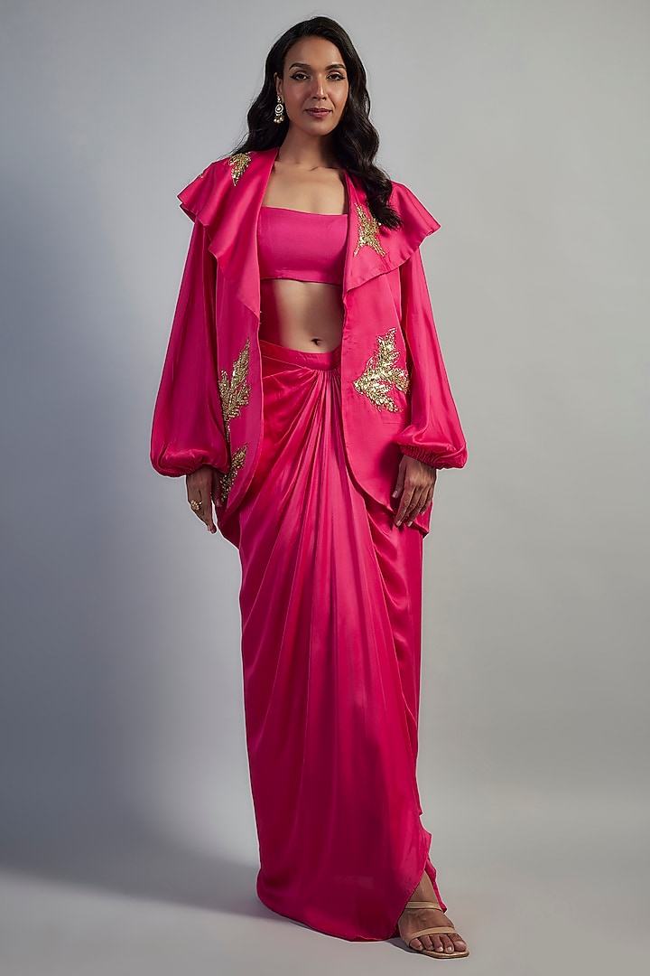 Pink Modal Satin Gold Applique Embroidered Dhoti Skirt Set by Mahek Rohra at Pernia's Pop Up Shop