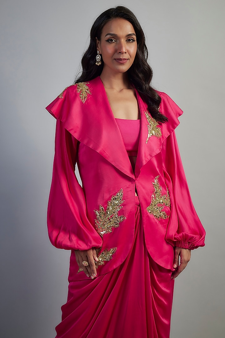 Pink Modal Satin Gold Applique Embroidered Dhoti Skirt Set by Mahek Rohra at Pernia's Pop Up Shop