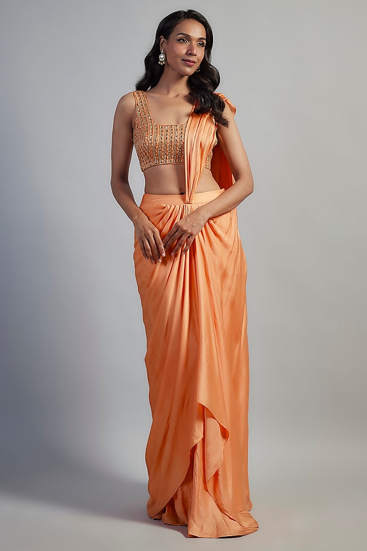 Peach Modal Satin Cutdana Hand Embroidered Layered Skirt Saree Set by Mahek Rohra at Pernia's Pop Up Shop