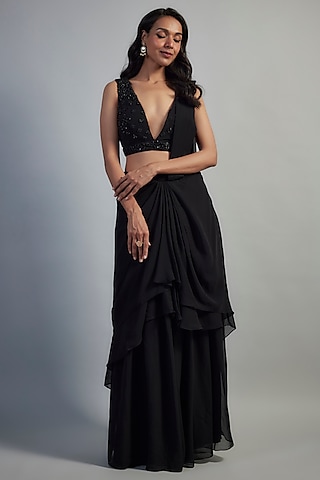 Black Georgette Cutdana Embroidered Layered Skirt Saree Set by Mahek Rohra