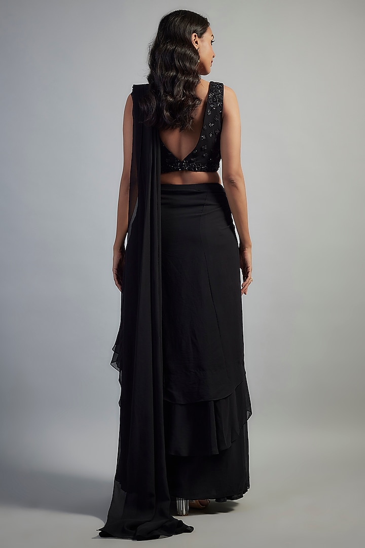 Black Georgette Cutdana Embroidered Layered Skirt Wedding Saree Set by Mahek Rohra at Pernia's Pop Up Shop