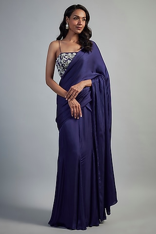 Purple Bemberg Satin Floral Motifs Embellished Skirt Saree Set by Mahek Rohra