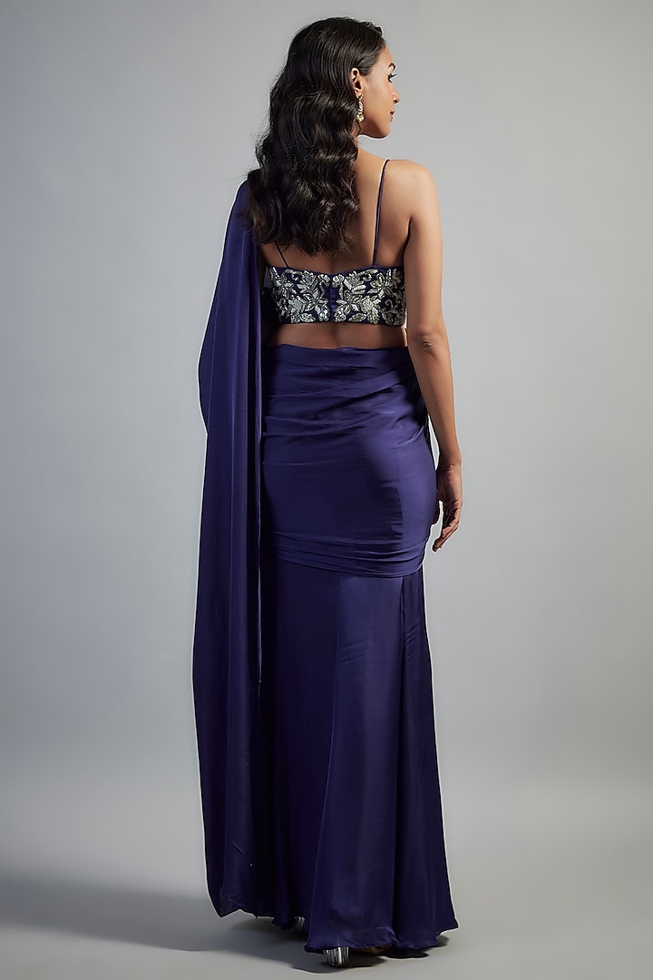 Purple Bemberg Satin Floral Motifs Embellished Skirt Wedding Saree Set by Mahek Rohra at Pernia's Pop Up Shop