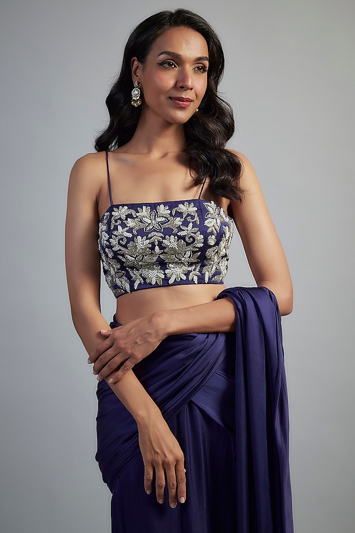 Purple Bemberg Satin Floral Motifs Embellished Skirt Wedding Saree Set by Mahek Rohra at Pernia's Pop Up Shop