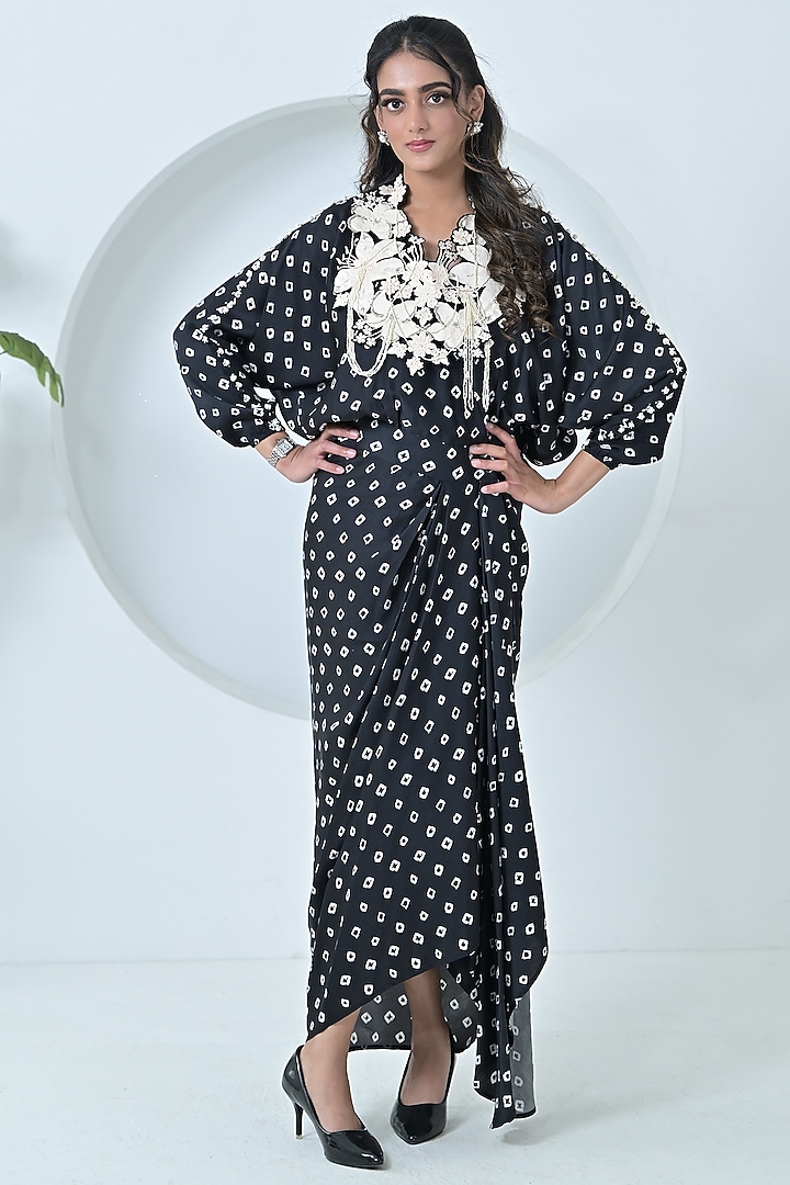 Black & White Modal Satin Digital Printed Draped Vacation Dress by Ruchika and Mallika Pretwear at Pernia's Pop Up Shop