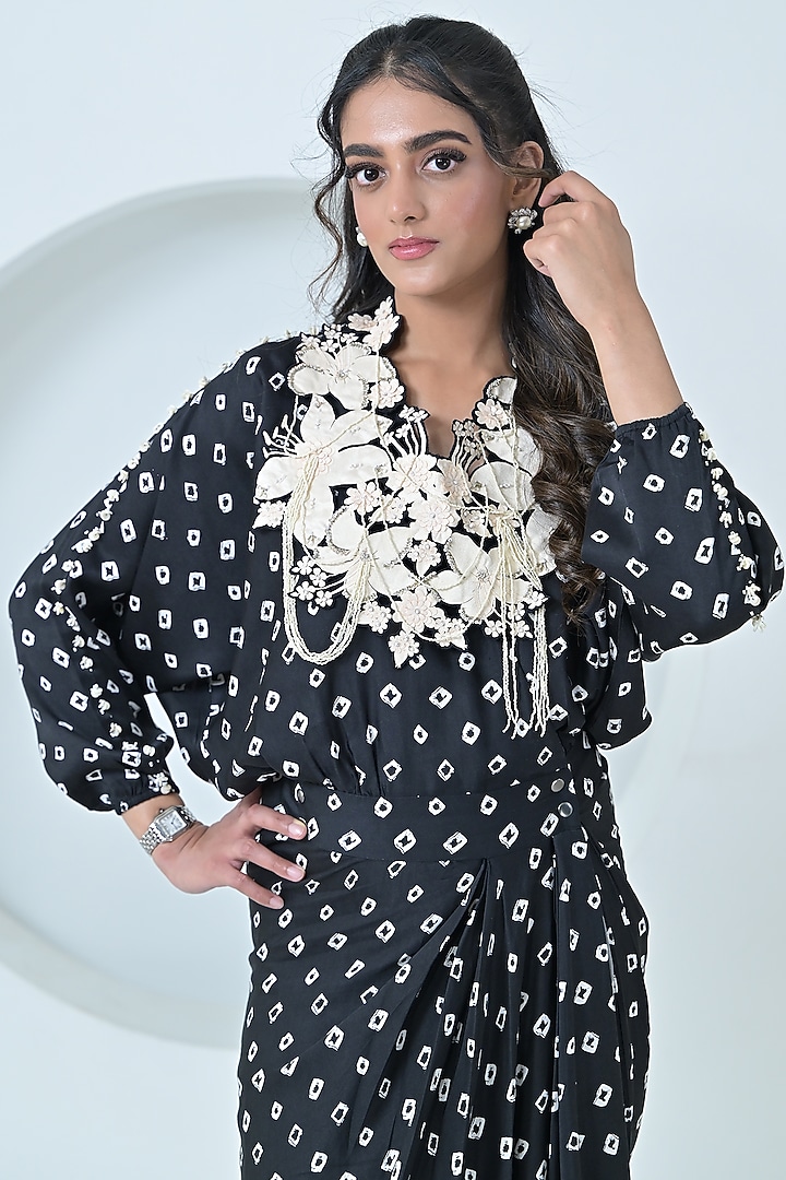 Black & White Modal Satin Digital Printed Draped Vacation Dress by Ruchika and Mallika Pretwear at Pernia's Pop Up Shop