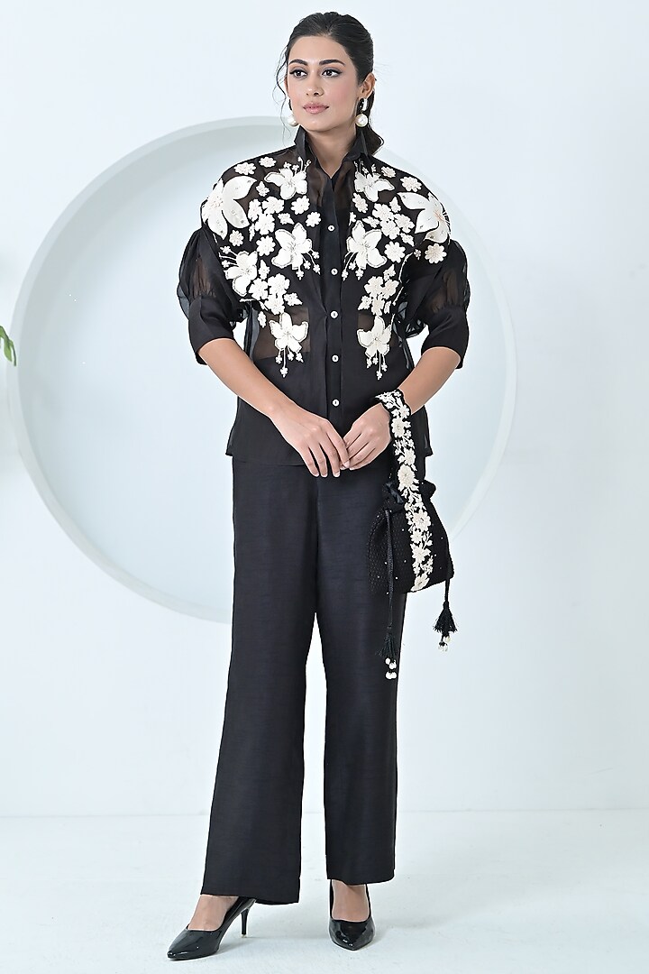 Black Bemberg Silk Hand Embroidered Co-Ord Set by Ruchika and Mallika Pretwear at Pernia's Pop Up Shop