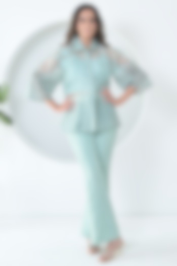 Sea Blue Organza & Linen Floral Embroidered Co-Ord Set by Ruchika and Mallika Pretwear at Pernia's Pop Up Shop