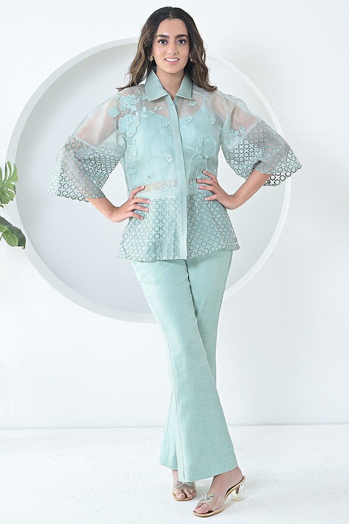 Sea Blue Organza & Linen Floral Embroidered Co-Ord Set by Ruchika and Mallika Pretwear at Pernia's Pop Up Shop