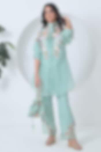 Sea Blue Organza Floral Applique Work Tunic Set by Ruchika and Mallika Pretwear at Pernia's Pop Up Shop