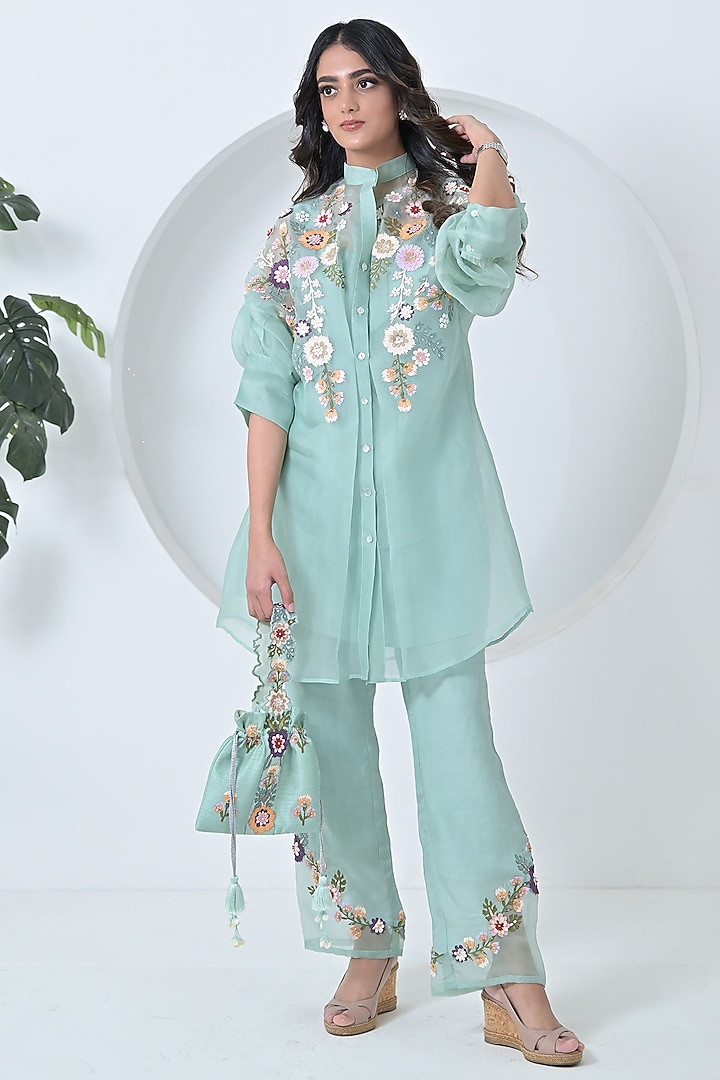 Sea Blue Organza Floral Applique Work Tunic Set by Ruchika and Mallika Pretwear at Pernia's Pop Up Shop