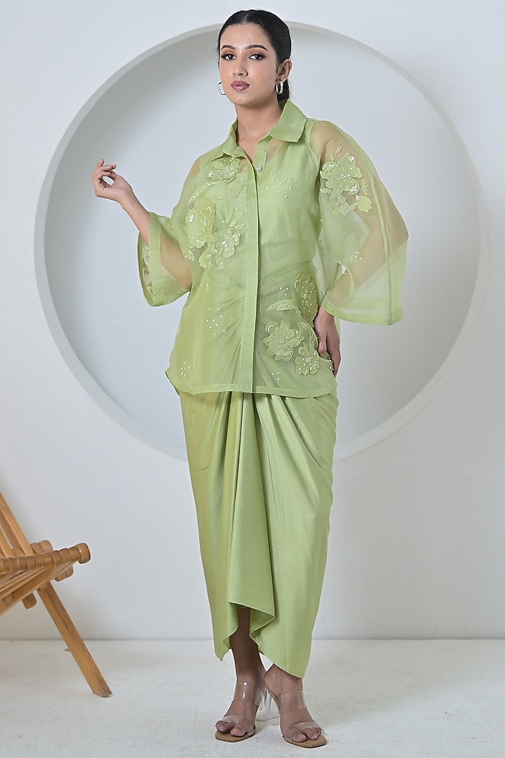Lime Green Organza & Shantoon Hand Embroidered Knot Skirt Set by Ruchika and Mallika Pretwear at Pernia's Pop Up Shop