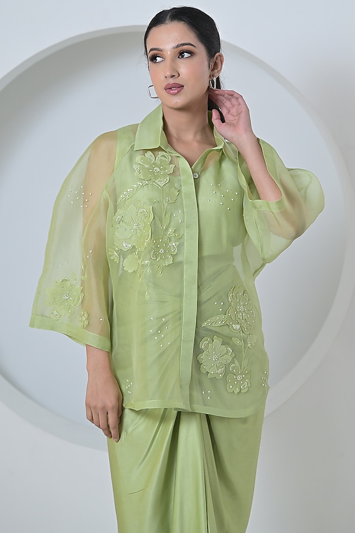 Lime Green Organza & Shantoon Hand Embroidered Knot Skirt Set by Ruchika and Mallika Pretwear at Pernia's Pop Up Shop
