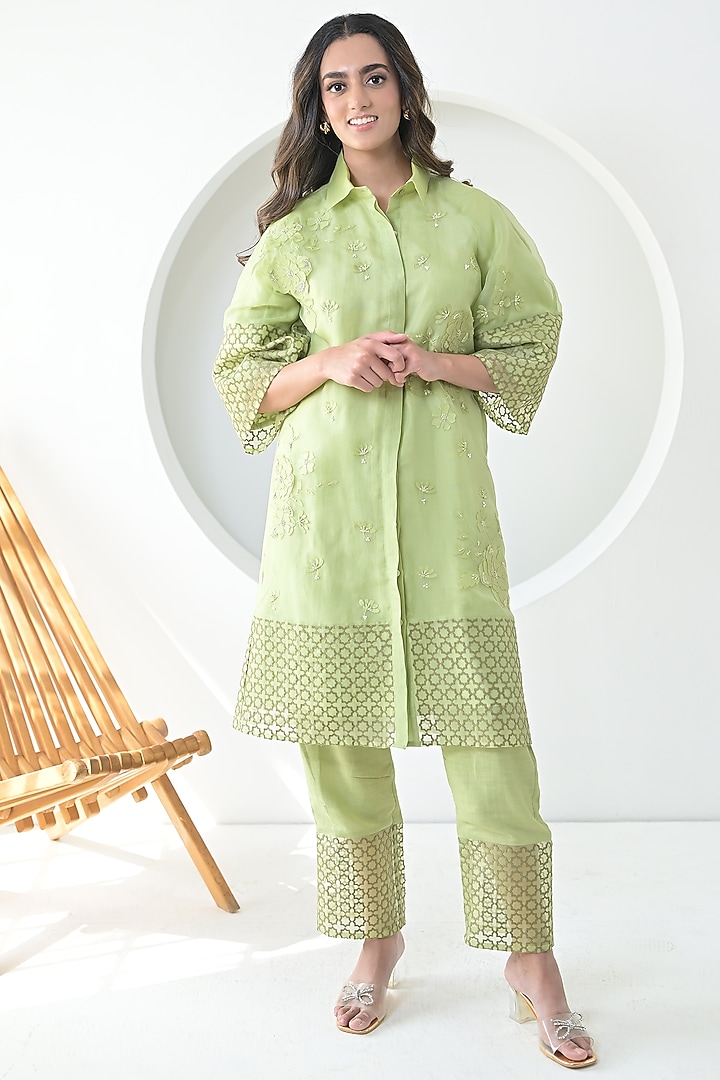 Lime Green Organza Floral Embroidered Tunic Set by Ruchika and Mallika Pretwear at Pernia's Pop Up Shop