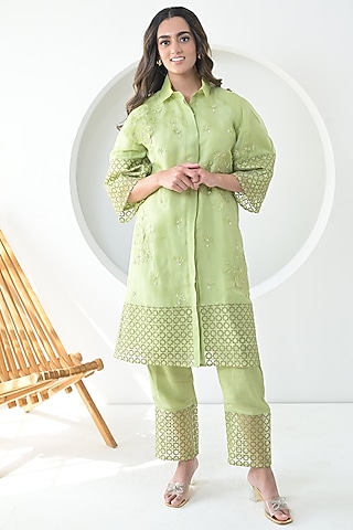 Lime Green Organza Floral Embroidered Tunic Set by Ruchika and Mallika Pretwear