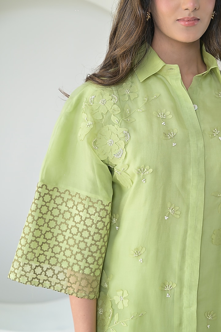 Lime Green Organza Floral Embroidered Tunic Set by Ruchika and Mallika Pretwear at Pernia's Pop Up Shop