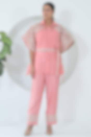 Blush Pink Organza & Bemberg Silk Embroidered Kaftan Set by Ruchika and Mallika Pretwear at Pernia's Pop Up Shop