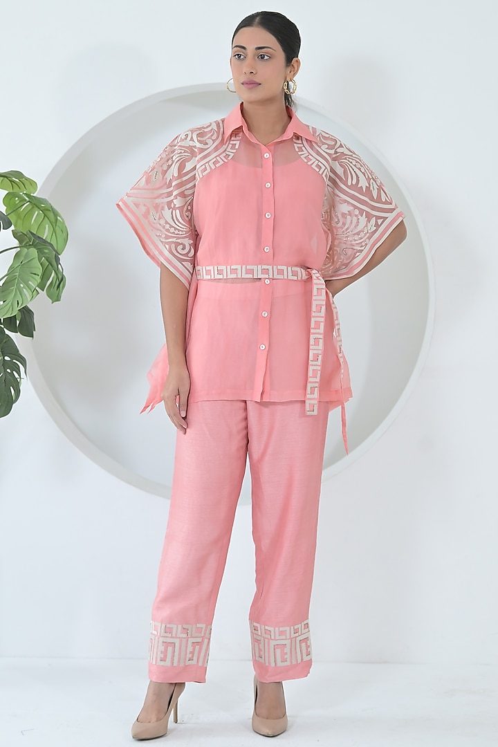 Blush Pink Organza & Bemberg Silk Embroidered Kaftan Set by Ruchika and Mallika Pretwear at Pernia's Pop Up Shop